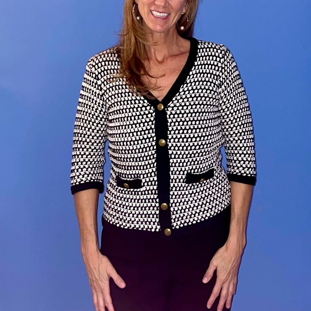 CAbi  3/4 Sleeve Black & White Crochet V-neck Cardigan Sweater